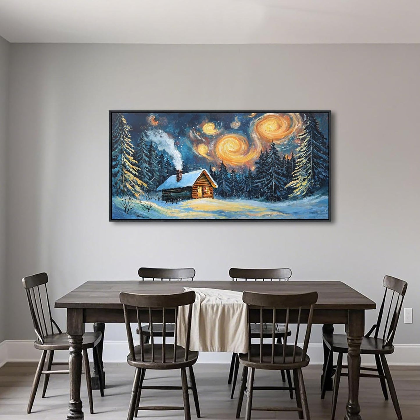 QZQCBLC Vintage Forest Wall Art, Large Farm Hut Landscape Pictures White Snow Green Trees Orange Clouds Abstract Painting Framed Artwork for Living room Bedroom kitchen Home Office Decor 24x48 IN