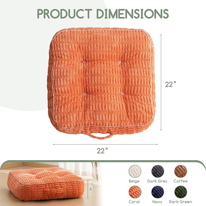 HIGOGOGO 6" Floor Pillow Cushion for Adults, Meditation Cushion Pillow, Blended Corduroy Cover, Large Square Floor Sitting for Tatami Living Room or Yoga, 22x22 Inch, Coral