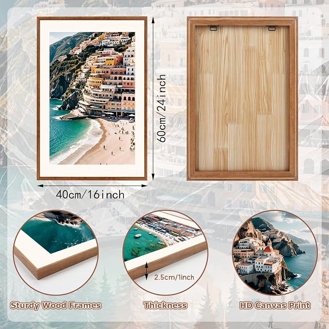 LHIUEM Italy Amalfi Coastal Framed Canvas Wall Art,Summer Positano Sea Wall Decor,Modern Blue Ocean Painting,Nature Beach Photography Artwork for Living Room,Bedroom,Dining Room -16"x24"x3