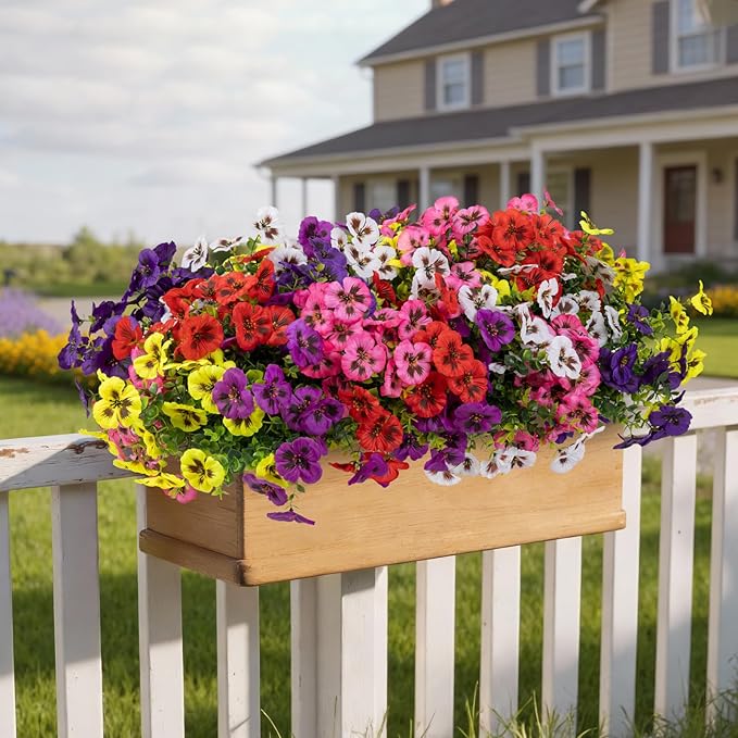 24 Pcs Artificial Fake Pansy Flowers for Outdoor,Faux Silk Plants Flowers UV Resistant Pansies Spring Flowers for Planter Front Door Porch Yard Patio Garden Window Box Home Decor(6 Color)