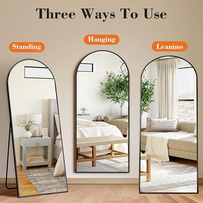 DUMOS 63"x20" Arched Full Length Mirror with Stand Floor Free Standing Aluminum Frame for Bedroom Body Hanging Leaning Modern Simple Home Decor Shatter-proorf Nano Glass Wall, Black-Rounded