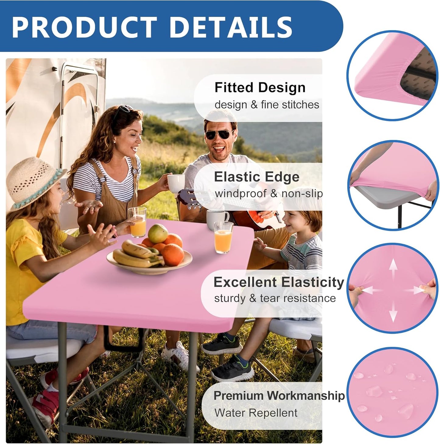 Fitted Tablecloth for 6 Foot Rectangle Tables-4 Pack Pink Elastic Outdoor Picnic Table Cover-Spandex Stretch Folding Table Cloths 6 ft for Camping Dining Room Patio Kitchen Banquet Party