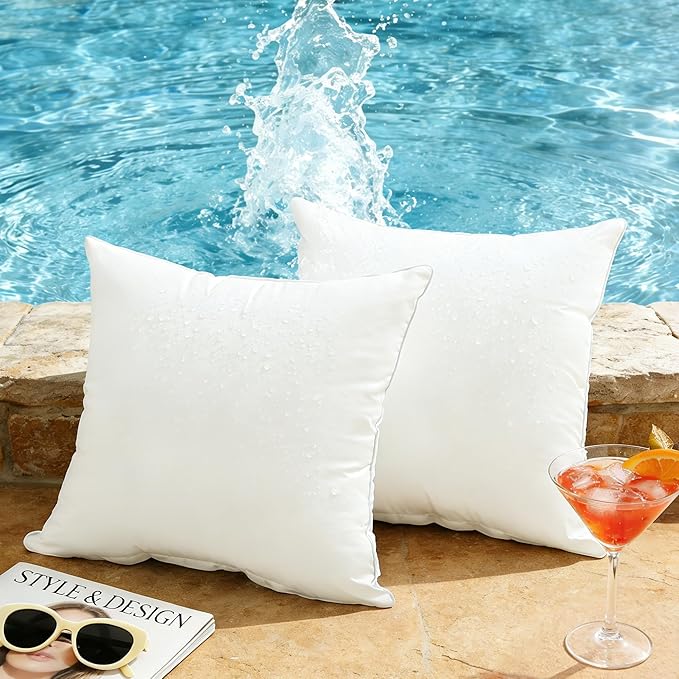 Oubonun 18 x 18 Outdoor Pillow Inserts (Pack of 2) - Square Waterproof Throw Pillow - Decorative Throw Pillows Insert for Couch Sofa Bed Patio Furniture - White Pillow