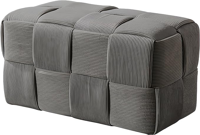 Cmishe 28" Rectangular Woven Corduroy Ottoman Footrest - Large Modern Entryway Bench & Bed End Stool, Sturdy Wood Frame, No Assembly (Grey-L)
