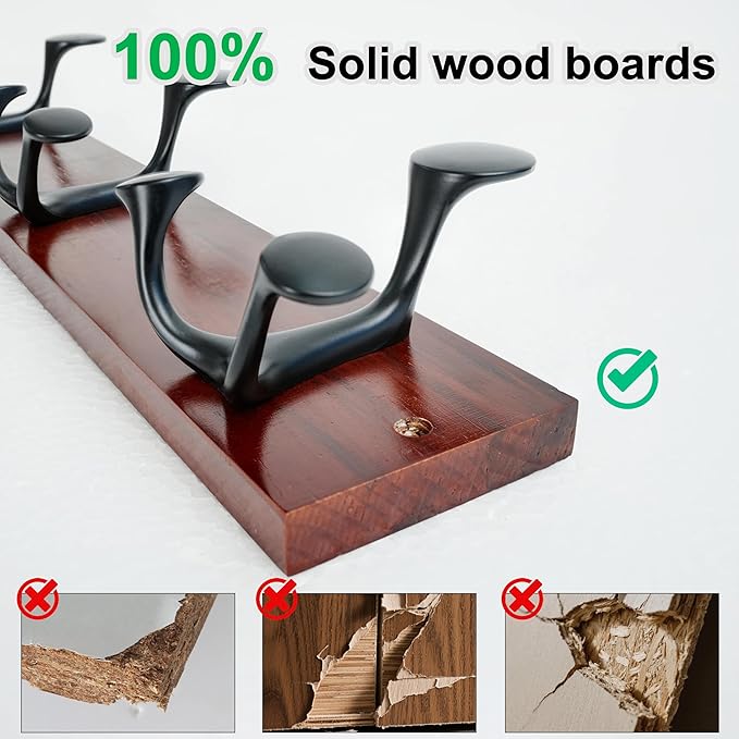 WEBI Coat Rack Wall Mount,30" Solid Wood Coat Hooks Wall Mounted Coat Hanger,16" Hole to Hole,Heavy Duty Hook Rack Rail,5 Triple Hooks for Hanging Coats,Jacket,Clothes,Hat,Backpack,Cherry