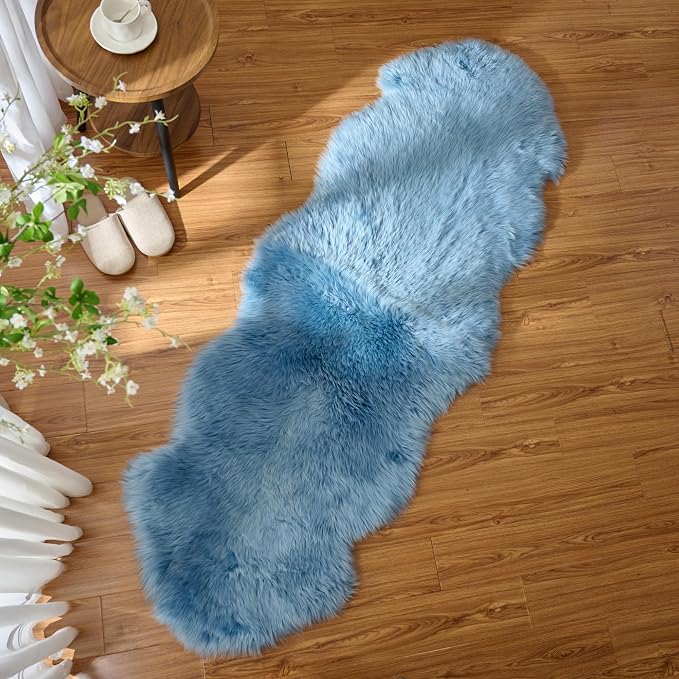 Premium Genuine Sheepskin Area Ruge - Real Wool Fur Shaggy Carpet | Fluffy Soft Natural Lambskin Rug Seat Chair Covers for Couch Sofa Bedroom Living Room(Dusty Blue,2×6 Feet Sheepskin)