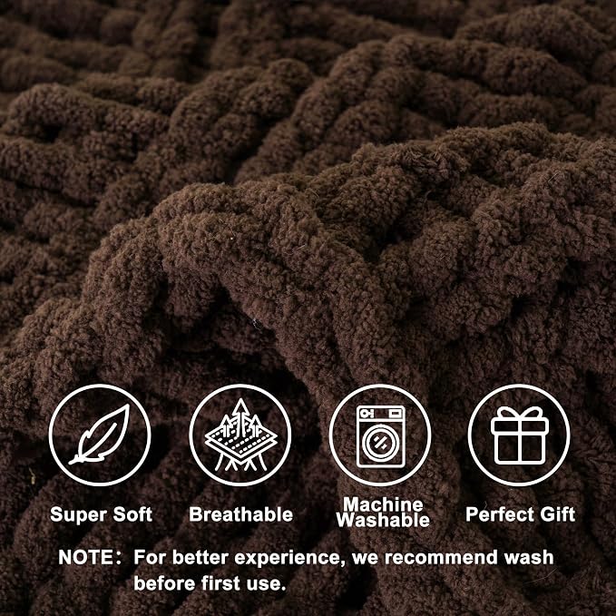 Battilo Chunky Knit Throw Blanket for Couch, 50"x60", Chocolate Brown | Hand Knit, Gift Blanket, Cozy Warm Thick Soft Chenille Throw Blanket for Bed, Sofa, Chair, Living Room