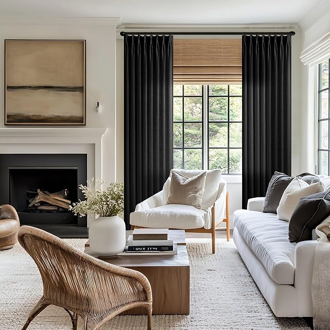 Black Linen Pinch Pleated Curtains 108 Inches Long for Living Room Pleated Drapes Hooks Back Tab Thick Linen Textured Boho Farmhouse Country Extra Long 108 Inch Curtain for Dining Bedroom 1 Panel