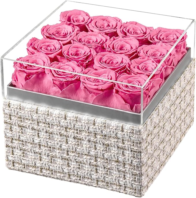 Eterfield Forever Flowers Preserved Roses Real Roses that Last Over a Year Rose Box Gifts for Her Mothers Day Valentines Day Christmas (Square Gold White Plaid Box, 16 Pink Roses)