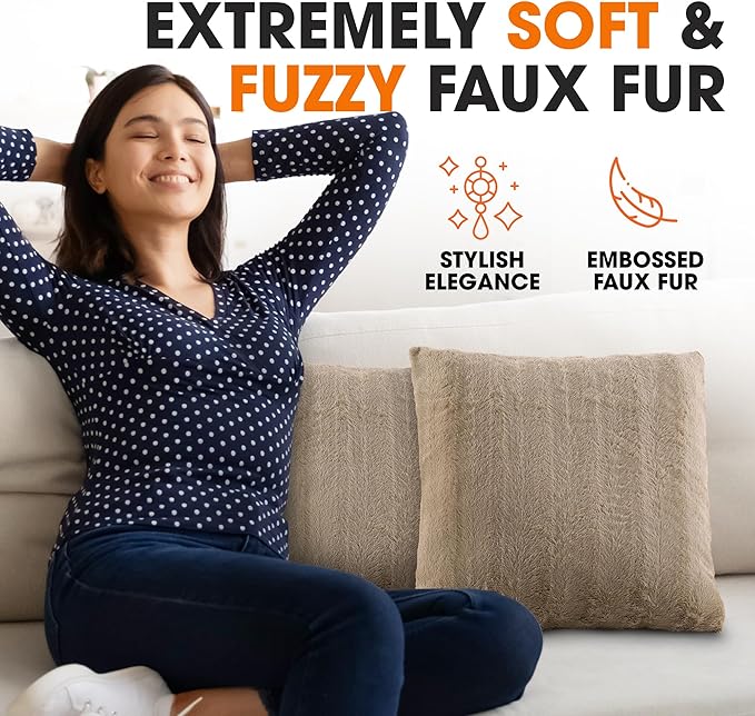Cheer Collection Faux Fur Throw Pillows - Decorative Pillows for Couch, Bed Throw Pillows, Sand Accent Pillows for Bedroom or Living Room Aesthetic, Set of 2 Furry Throw Pillows, 26" x 26"