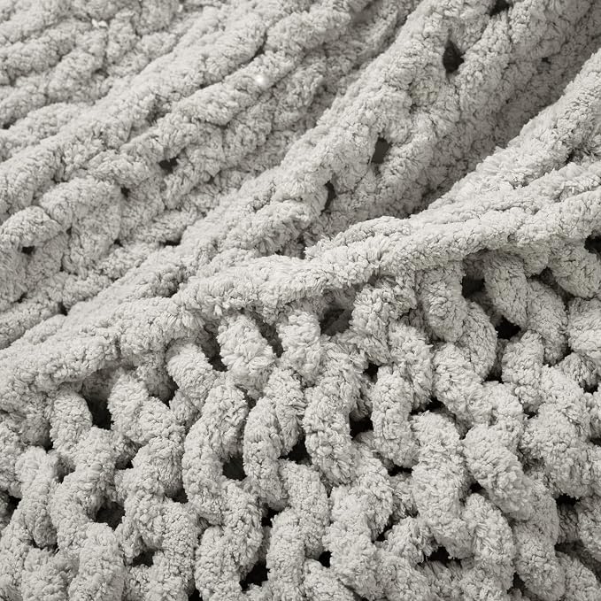 Lush Decor Hygge Ultra Soft Cozy Chenille Chunky Knit Blanket/Throw, 72" x 40", Light Gray
