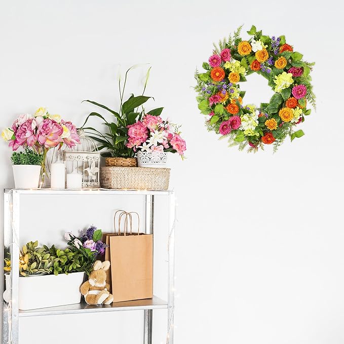 YNYLCHMX 18" Spring Summer Wreaths for Front Door, Artificial Floral Wreath with Daisy Flowers Green Tea Leaves, Green Foliage Wreath for Wall Window Farmhouse Party Holiday Home Decor
