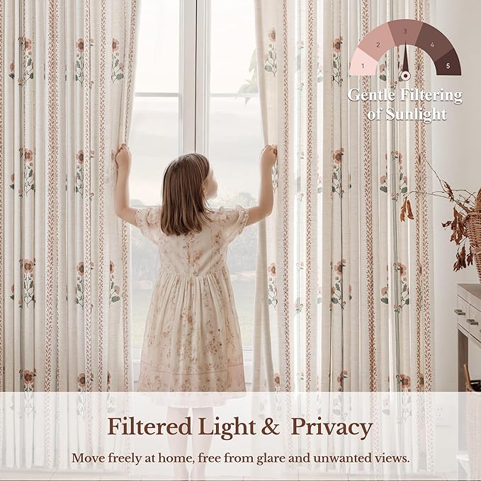 Pinch Pleated Nursery Curtains Luxury Pink Sheer Floral Curtains for Girls Room Bedroom Living Room - 102 Inch Length Modern Farmhouse Floral Printed Drapes with Hooks - 2 Panels Set