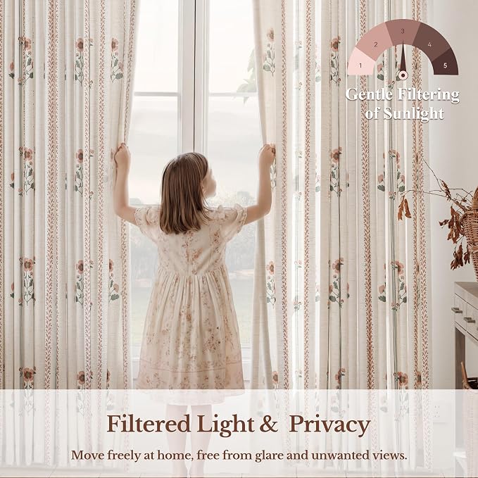 Pinch Pleated Nursery Curtains Luxury Pink Sheer Floral Curtains for Girls Room Bedroom Living Room - 108 Inch Length Modern Farmhouse Floral Printed Drapes with Hooks - 2 Panels Set