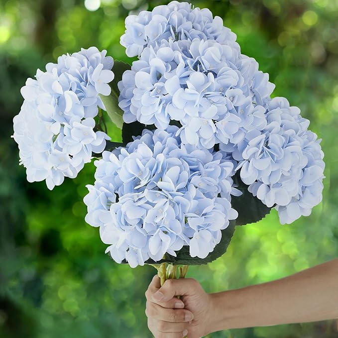 PARTY JOY 5PCS 15.4In Artificial Hydrangea Silk Flowers Bouquet Faux Hydrangea Stems for Wedding Centerpieces Home Decor (Light Blue)