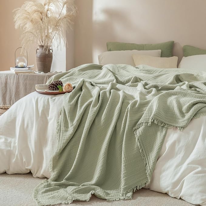 Muslin Fringe Blankets for Adults: 100% Cotton Cloud Soft | 4-Layer Gauze Breathable Lightweight All Season Throw Blanket for Bed Couch Sofa Office