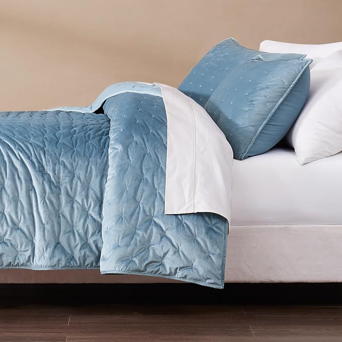 Lush Decor - Quilt Set, 3-Piece Cozy Velvet Bedding with Matching Shams, Embroidered Stitch Design (Haven Blue, King/California King)