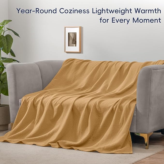 PHF 100% Cotton Muslin Blanket King Size 108"x90", 4-Layer Lightweight Gauze Throw, Breathable Cloud-Soft Minimalist Blanket for Bed, Couch, Camping & Baby, Amber, Ideal Gift