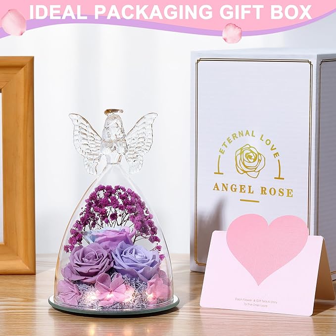 Mothers Day Rose Gifts for Women Preserved Real Flower in Glass Angel Figurines Roses for Delivery Prime Birthday Gifts for Mom Grandma Girlfriend Wife Her, Multi Purple