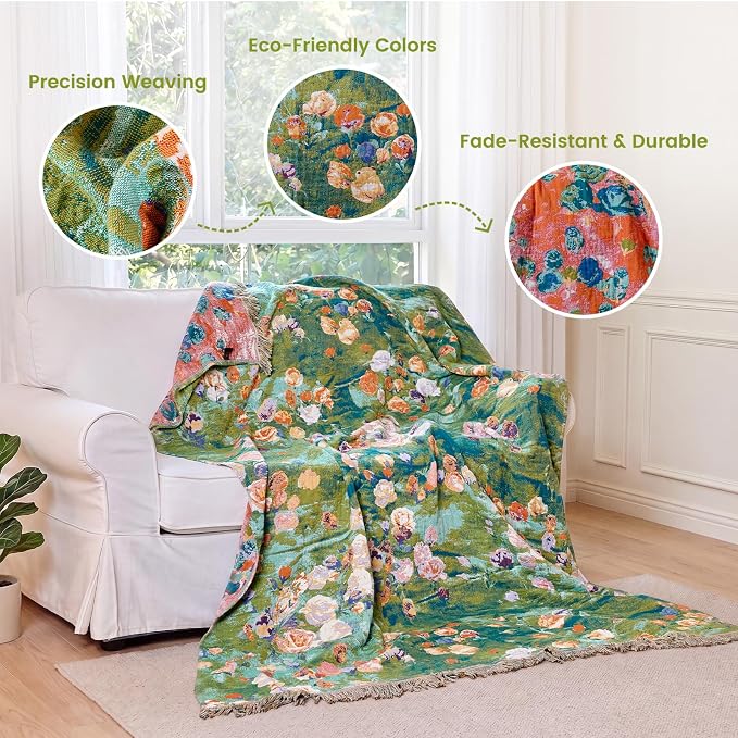 MSGKV Boho Throw Blanket for Couch Cotton Floral Blanket 50"x60" for Sofa Chair Throws Muslin Summer Breathable Lightweight Farmhouse Blankets Home Decor All Seasons