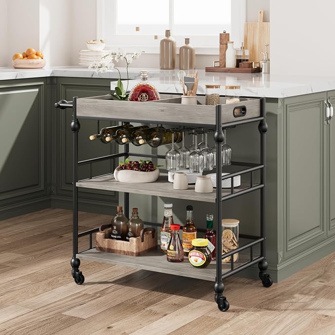 IDEALHOUSE Bar Cart, Bar Carts for the Home, 3 Tier Bar Cart with Wheels, Portable Home Bar & Serving Carts, Rolling Cart with Wine Rack and Removable Tray for Living Room, Kitchen, Dining Room
