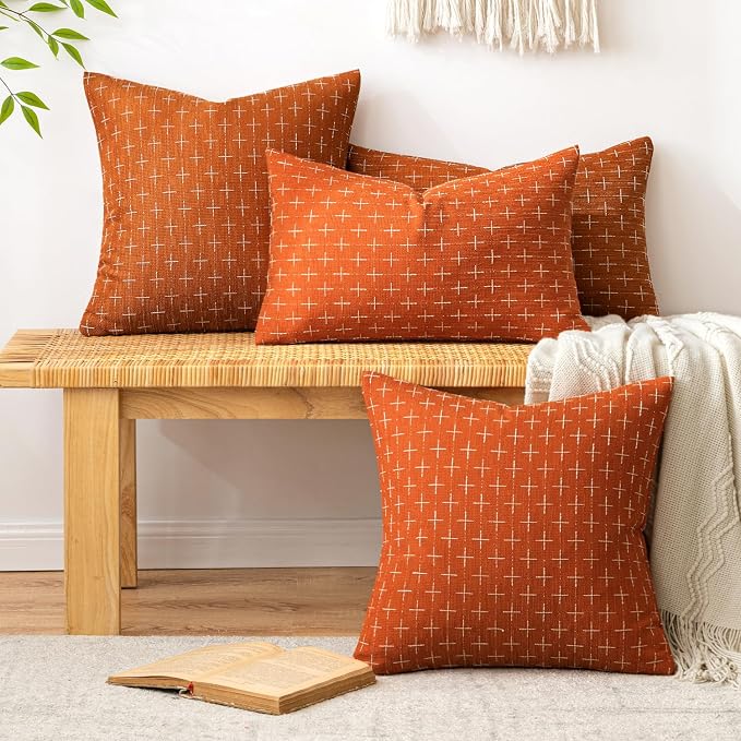 MIULEE Pack of 2 Decorative Burlap Linen Throw Pillow Covers Modern Farmhouse Pillowcase Rustic Woven Textured Cushion Cover for Sofa Couch Bed 24x24 Inch Rust