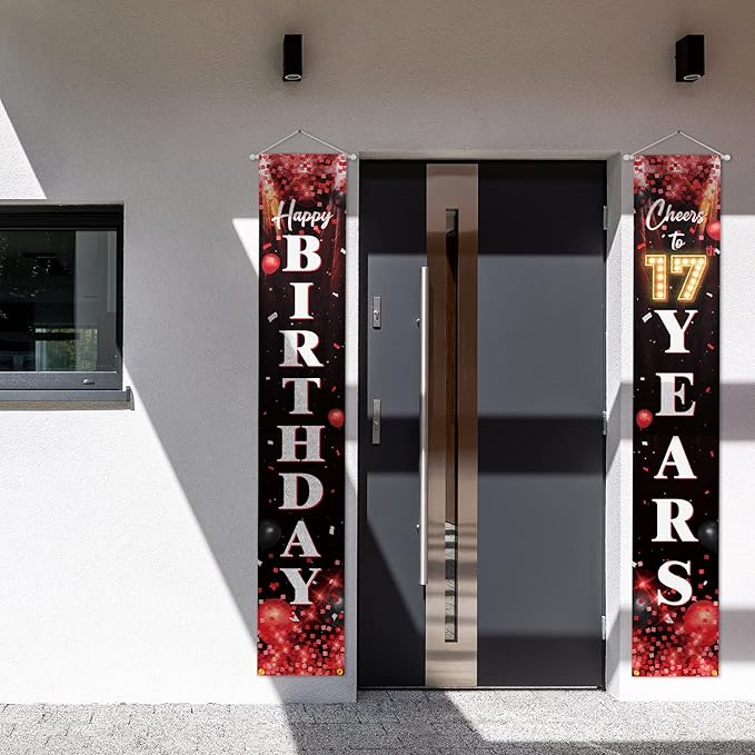 5665 Happy 17th Birthday Porch Sign Door Banner Decor Red and Black – Glitter Cheers to 17 Years Old Birthday Party Theme 01 0