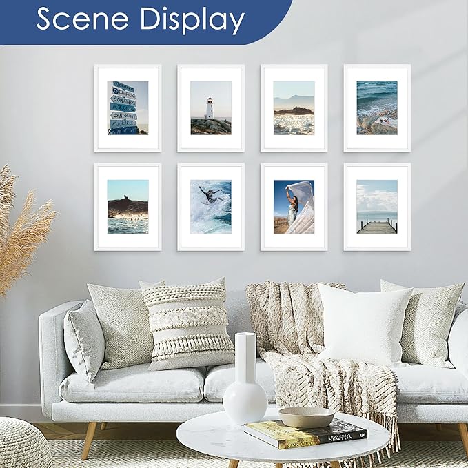 PEALSN 12x16 Picture Frame Set of 6, Display Pictures 8.5x11 with Mat or 12x16 without Mat for Wall Mounting Display, Photo Frames Collage for Wall Decor, White.
