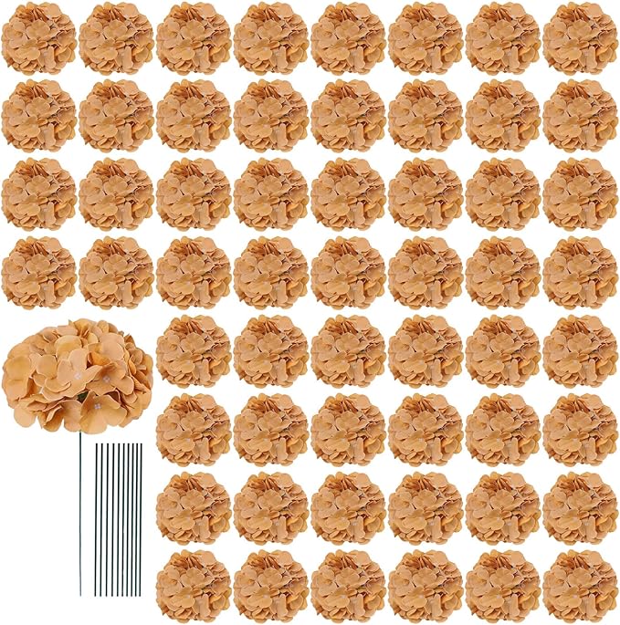 AVIVIHO 65pcs Fake Flowers Brown Hydrangea Artificial Flowers Bulk (Not Squished, No Steaming Need) Silk Flowers with Stems for Wedding Decor,Home,Baby Shower,Table Centerpieces Decoration