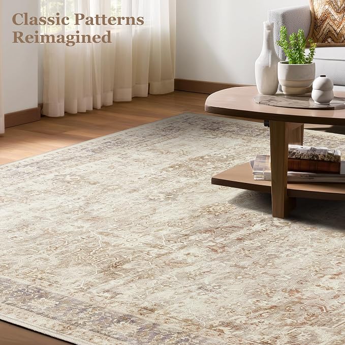 Washable Neutral 5x8 Area Rugs, Vintage Farmhouse Earth Tone Beige Taupe Carpet for Living Room Bedroom, Low Pile Thin Rug with Non Slip Rubber Backing for Dining Room Nursery Home Office