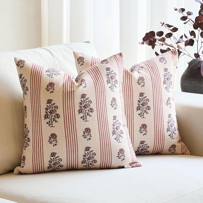 Amor Virisso Floral Throw Pillow Covers 20x20 Set of 2 Block Print Pillow Covers Neutral Floral Striped Farmhouse Decorative Pillow Covers for Sofa Couch Bed, Red
