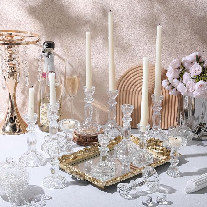 24 Pack Glass Candlestick Holders Set 4.3/6.1'' Taper Stripe Candle Holder Bulk Floral Shape Crystal Decorative Candle Stand Centerpiece for Table Wedding Dining (Clear)