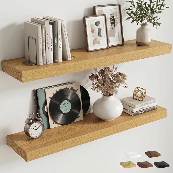 36 Inch Floating Shelves for Wall, 8"D Wood Storage Shelves, Oak Finish | Engineered Wood, Invisible Bracket, Large Storage, Easy Install, Hold Up to 55lbs, Living Room, Bathroom, Bedroom, Kitchen