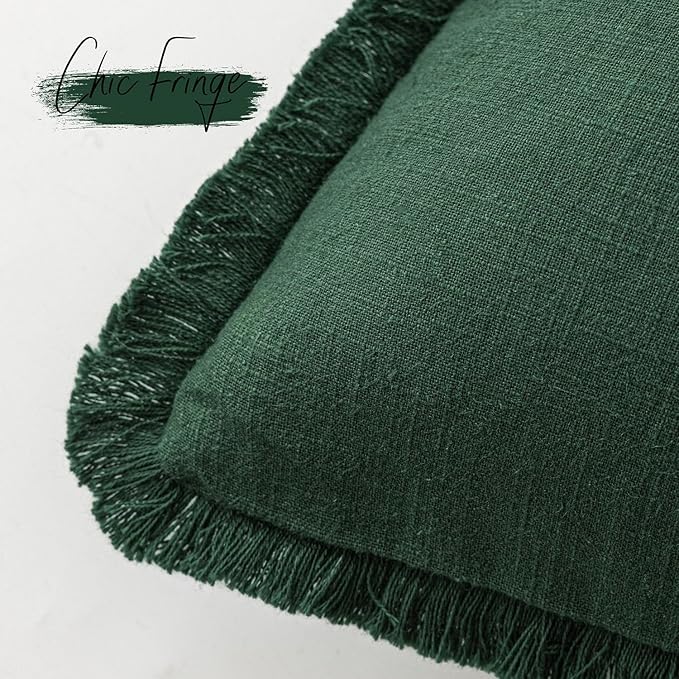 Foindtower Set of 2 Decorative Linen Fringe Throw Pillow Covers Cozy Boho Farmhouse Cushion Cover with Tassels Soft Accent Pillowcase for Couch Sofa Bed Living Room Home Decor, 24×24 Inch, Pine Green