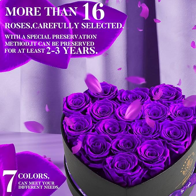 Impouo 16 Preserved Flower Delivery Prime, Preserved Roses in a Box, Birthday Gifts for Women, Mother's Day, and Valentine's Day-Purple Roses