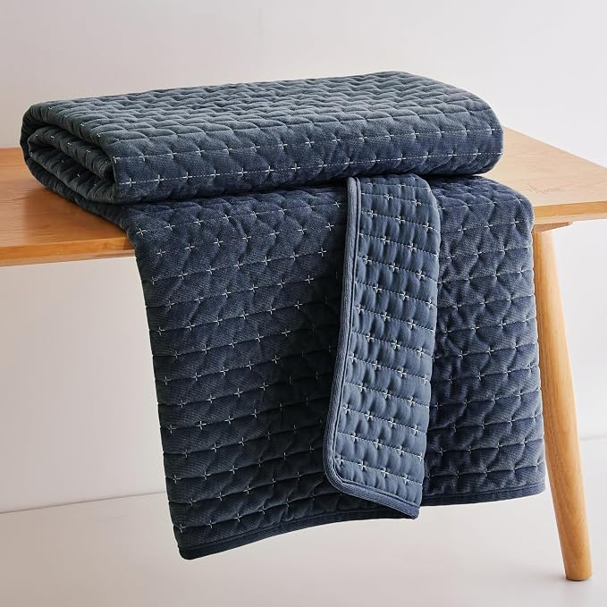 Levtex Home - Velvet Stitch Throw - Quilted Throw (50x60in.) - Velvet - Navy White - Reversible - Polyester