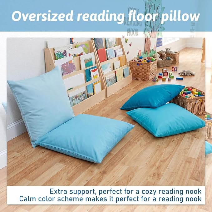 CroBlissful 4 Pieces Extra Large Floor Pillow Set, 27 x 27 x 8 Inch Kids Jumbo Floor Pillows Flexible Seating for Classroom Reading Corner Playrooms Home School, Waterproof (Blue Series)