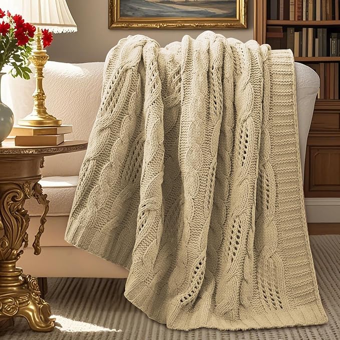 Amélie Home Chunky Knit Throw Blanket, Dual-Sided Soft Chenille Breathable Cable Knitted Blanket for Couch, Farmhouse Decorative Throw for Sofa & Chair, 50"x60", Beige