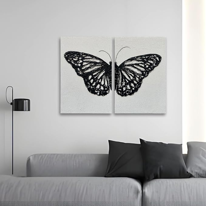 NANKAI Art Hand-Painted Black Butterfly Texture Art Wall Decoration 36x24-inch x2 Contemporary Art Oil Painting Home Living Room Corridor Wall Art