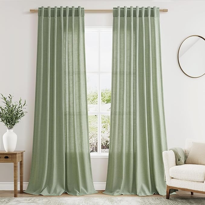 Nanspring Light Sage Linen Curtains 100 Inches Long for Living Room 2 Panels Set Extra Long Back Tab Modern Curtain Semi Sheer Light Filtering Drapes Floor to Ceiling for Large Windows 52x100