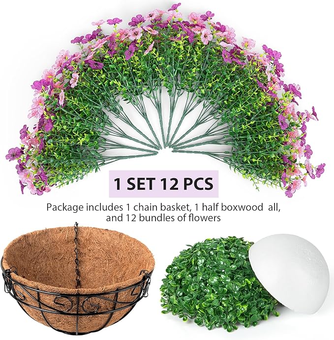 Artificial Fake Hanging Flowers Plants Basket Outdoors, Faux Silk UV Resistant Look Real Daisy Eucalyptus for Spring Summer Garden Porch Home Patio Balcony Yard Decorations, Pink Purple