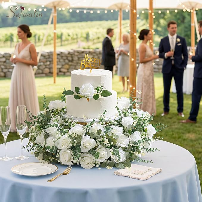 Serwalin 120 Pcs Mixed Eucalyptus Greenery Stems, White Silk Roses and Babys Breath Artificial Flowers for DIY Wedding Bouquets Home Party Arrangement Floral Vase Decor