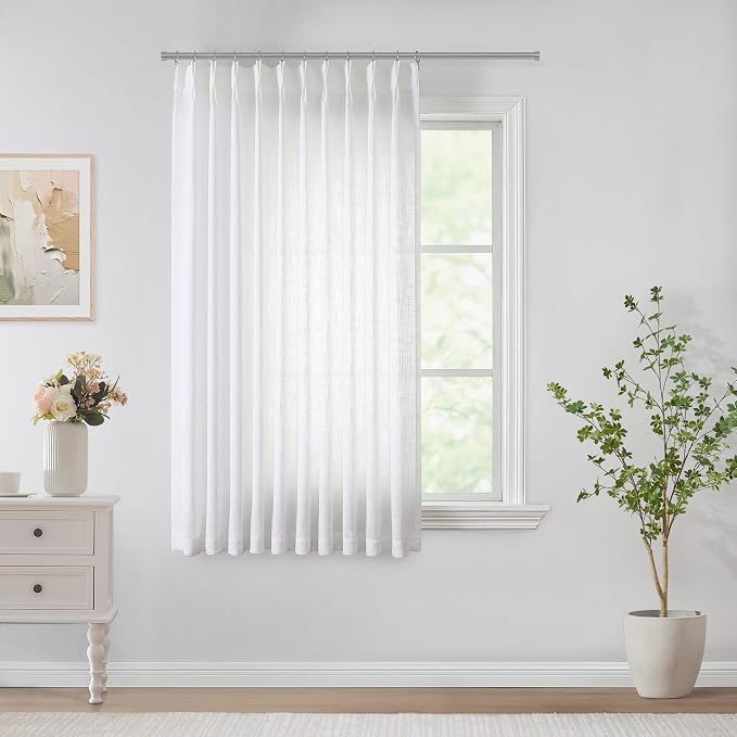 Vision Home White Pinch Pleated Semi Sheer Curtains Textured Light Filtering Window Curtains 72 inch for Living Room Bedroom Patio Rayon Blended Pinch Pleat Drapes with Hooks 1 Panel 60" Wx72 L