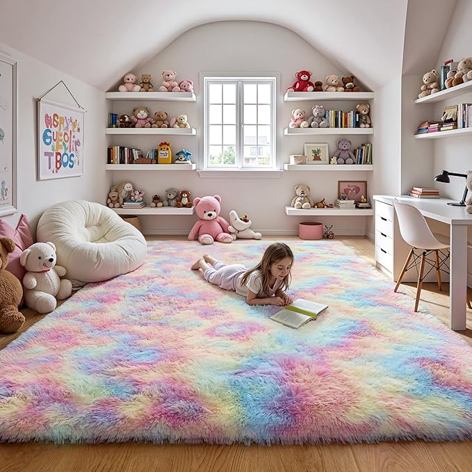 Fluffy 9x12 Large Area Rugs for Girls Bedroom Living Room, Rainbow Soft Washable Shag Carpet for Kids Room, Nursery, Dorm Decor, Colorful Cute Plush Fuzzy Rugs for Baby Toddler
