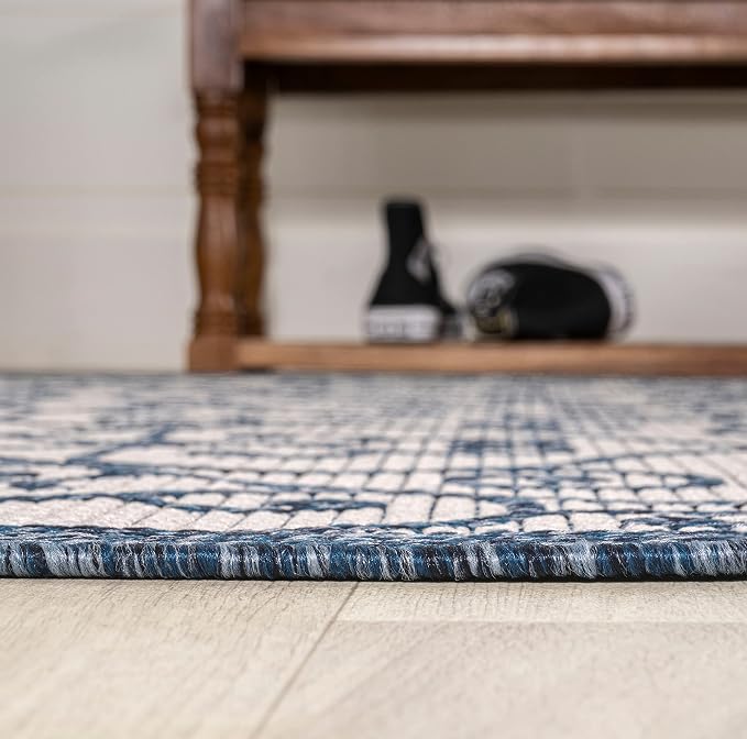 JONATHAN Y Vintage Filigree Indoor Outdoor Square Area Rug 5X5 Blue/Cream, Madrid Textured Weave for Backyard, Patio, Porch, Easy-Cleaning, High Traffic, Pet-Friendly, Non-Shedding (SMB107F-5SQ)