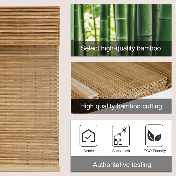 LazBlinds Custom Size Cordless Bamboo Roman Shades, Carbonized | Natural Light Filtering Bamboo Window Blinds, Bamboo Blinds for Bedroom Living Room Office Indoor