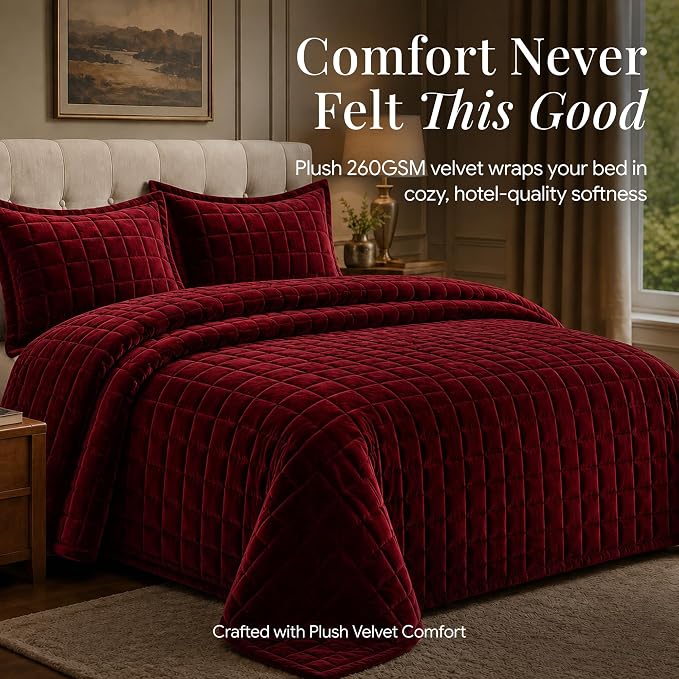 Tribeca Living Luxury Velvet Quilt Twin Size Set - 260GSM Ultra-Soft Oversized Velvet Bedspread Comforter Set with 1 Sham, in Florence Burgundy