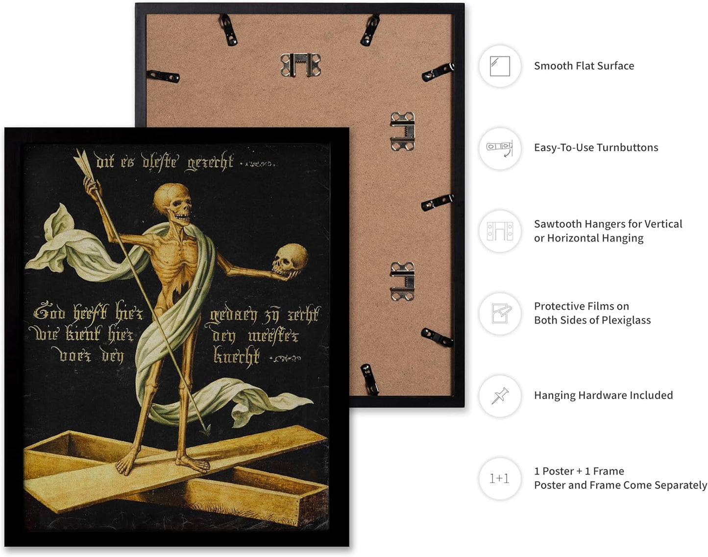 Poster Master Vintage Medieval Poster - Retro Gothic Print - Gift for Artist, Friend - Allegory of Life and Death, Skeleton, Dark, Skull - Wall Decor for Home, Living Room, 16x20 Black Framed