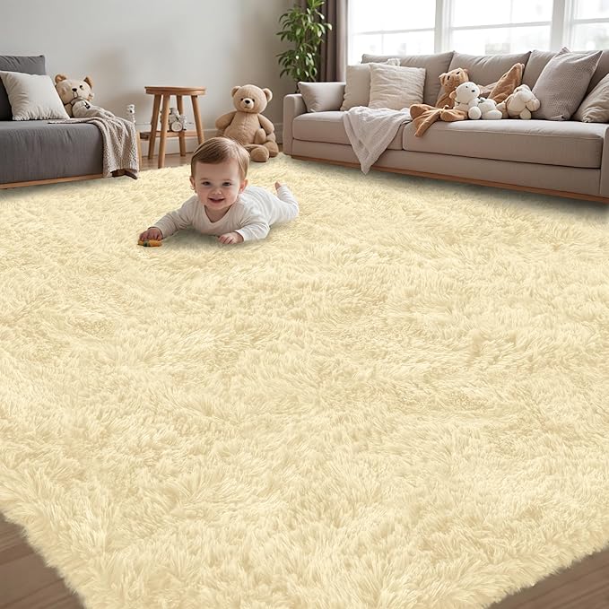 8x10 Area Rug for Living Room:Ultra Soft Fluffy Shag Cream White Rugs,Large Fuzzy Plush Indoor Non Slip Carpet Washable Rug for Bedroom Kids Nursery Office Dorm Modern Decor(Cream White 8'x10')