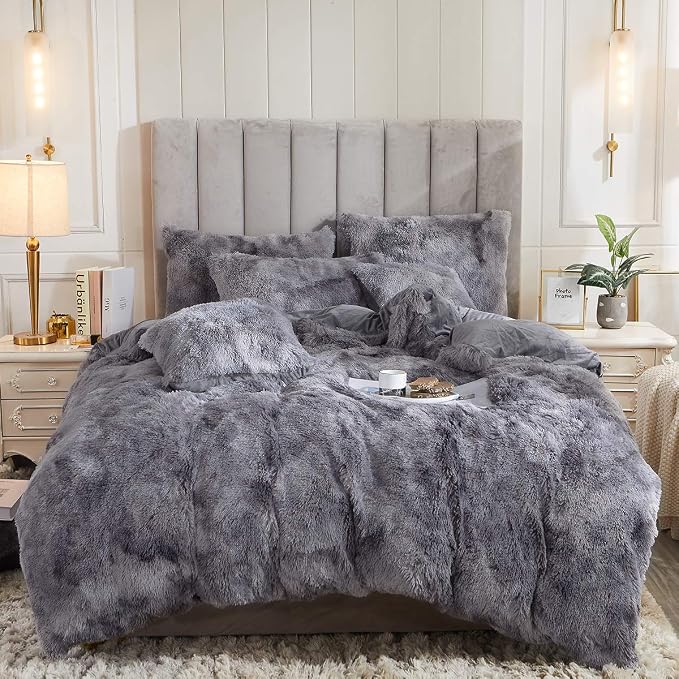 Tie Dye Printed Faux Fur Bedding Set Modern Abstract Shaggy Plush Duvet Cover with Pillow Shams, Ultra Soft Warm (Queen, Tie Dye Gray)
